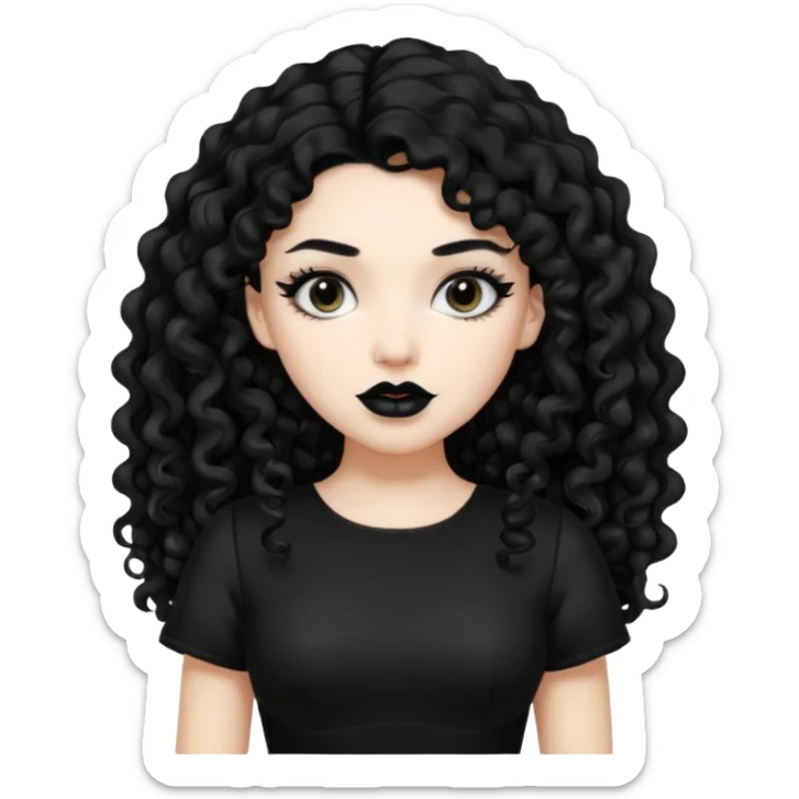 long black curly hair with white skin black dress and black lipstick sticker