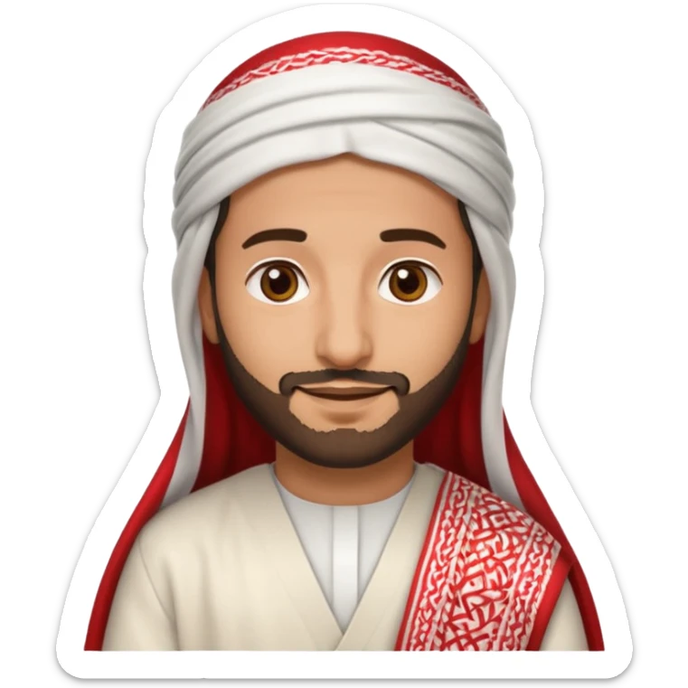 detailed iPhone-style emoji of a Saudi man, soft cartoon face, short beard, brown eyes, calm smile, in white thobe and red-and-white shemagh with black agal, both hands visible sticker