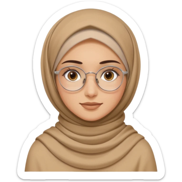 young woman with wheat-toned skin, dark brown eyes, slightly thick natural eyebrows, long eyelashes, wearing a soft beige hijab and thin silver round glasses, gentle warm smile, minimal makeup, modest brown top, subtle gold layered necklace sticker