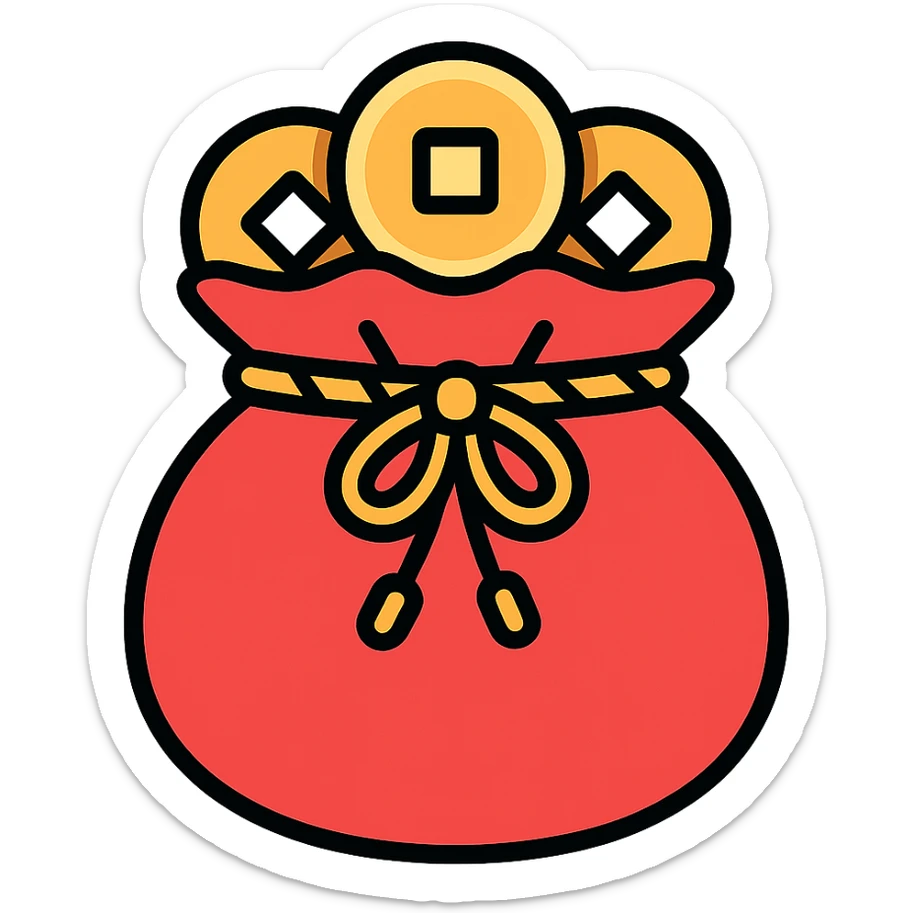 Chinese red pouch with golden Chinese coins sticking out, tied with a twisted golden cord, icon-color-outlined style, detailed shadows and highlights, thin clean contours, soft rounded shapes, pastel palette with emphasis on red and gold, modern Japanese pop-art and sticker aesthetic, high detail, soft lighting, transparent background sticker