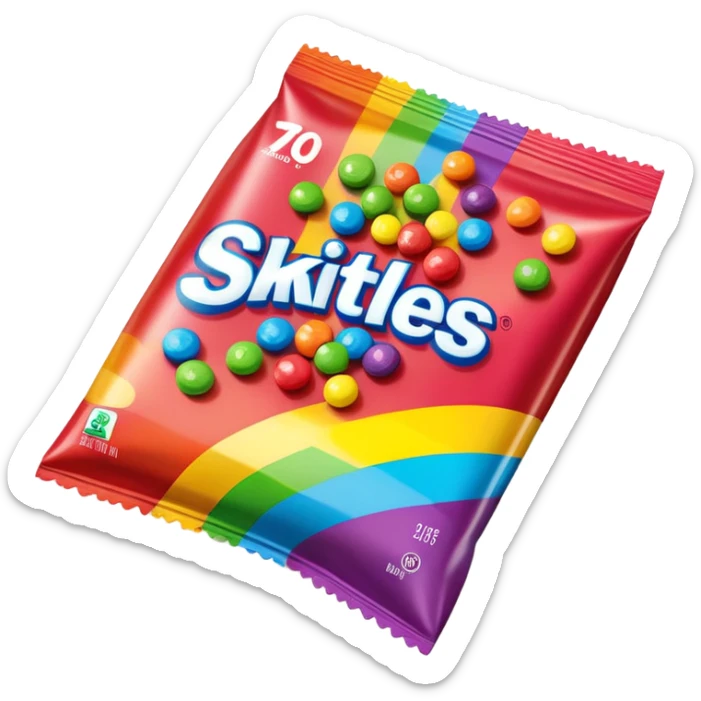 A damaged Skittles package repaired with strips of clear scotch tape, colorful packaging with rainbow colors, minimalist sticker