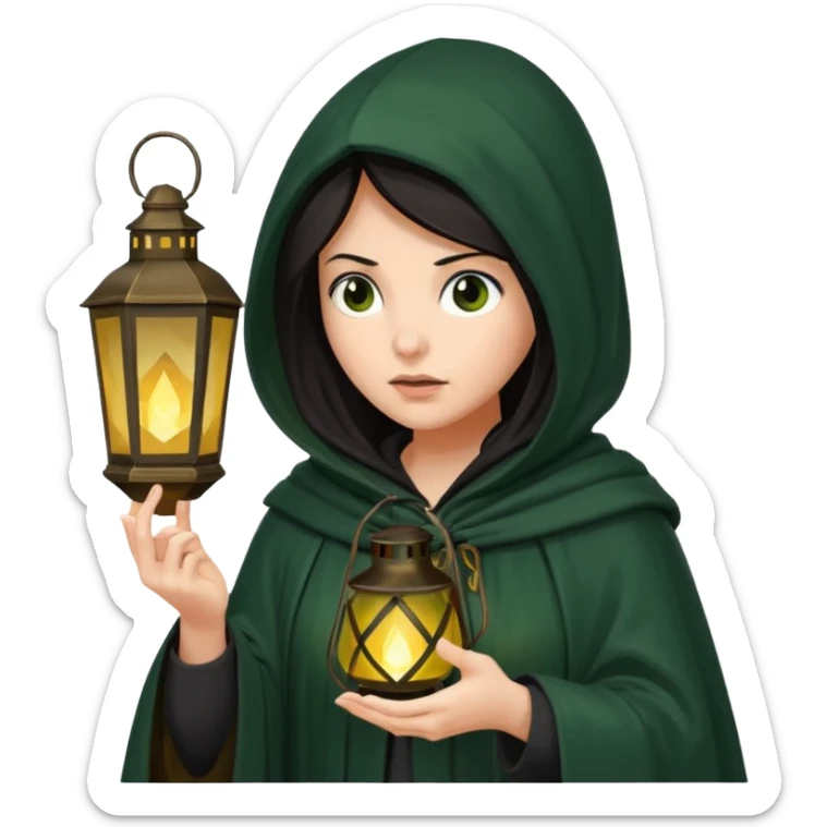 traitor tv show, dark haired woman wearing dark green cloak with hood up who looks very evil, is holding up a lantern, and looking down sticker