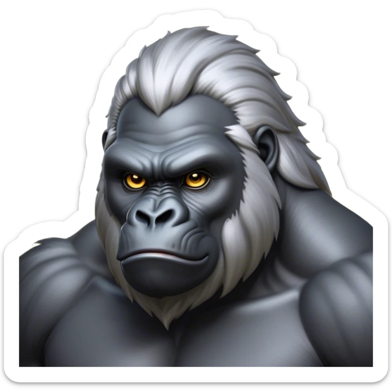 Cinematic Noble Silverback Gorilla Portrait Emoji, Poised and majestic, with a powerful, muscular frame accentuated by a distinguished silver mane and piercing, wise eyes, Simplified yet sharp and sophisticated features, highly detailed, glowing with a soft, regal jungle glow, high shine, intelligent and commanding, stylized with an air of imperial strength, focused and resolute, soft glowing outline, capturing the essence of a watchful guardian that feels as though it could step out of the screen with effortless authority! sticker