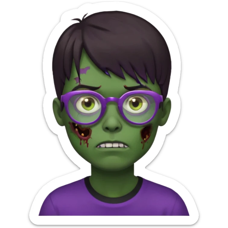 Menino zumbi com cabelo castanho escuro com franja, olhos castanhos, camisa preta larga, pele verde e óculos lilás sticker