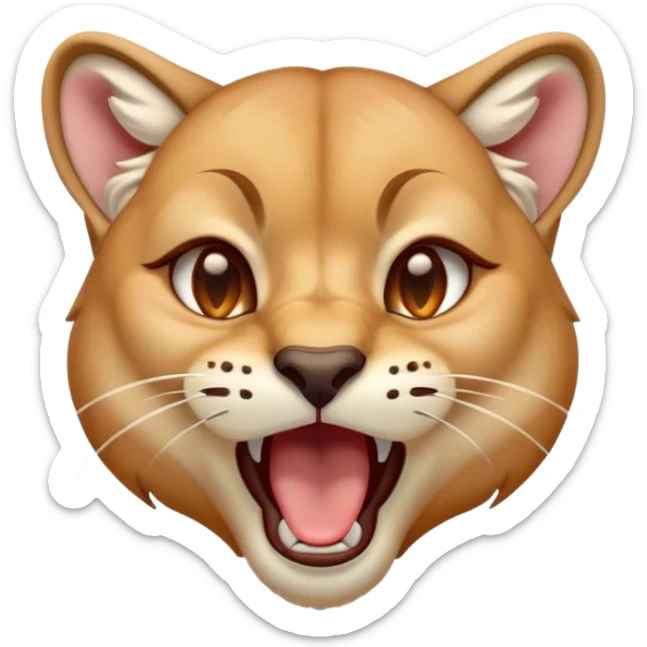 Cinematic Cute Yawning Cougar Portrait Emoji, Head tilted slightly with a dramatic, wide-open yawn, showcasing a soft, sleek tawny Fur with gently drooping ears, round amber eyes barely open in drowsy contentment, Simplified yet irresistibly adorable features, highly detailed, glowing with a soft, cozy glow, high shine, relaxed yet expressive, stylized with a touch of wild whimsy, bright and endearing, soft glowing outline, capturing the essence of a sleepy yet affectionate cougar, so drowsy it feels like it could stretch out of the screen and curl up for a nap! sticker