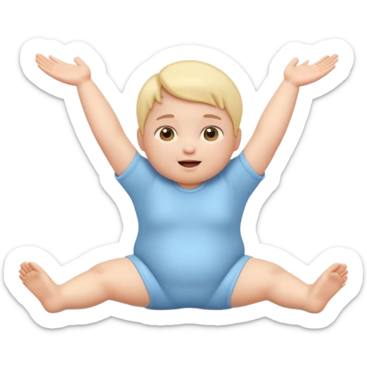 Cute 3D baby emoji with fine baby hair, stretching arms and legs wide, lying down surprised but neutral expression, relaxed posture, chubby infant proportions, pastel colors, clean background, emoji-style illustration sticker
