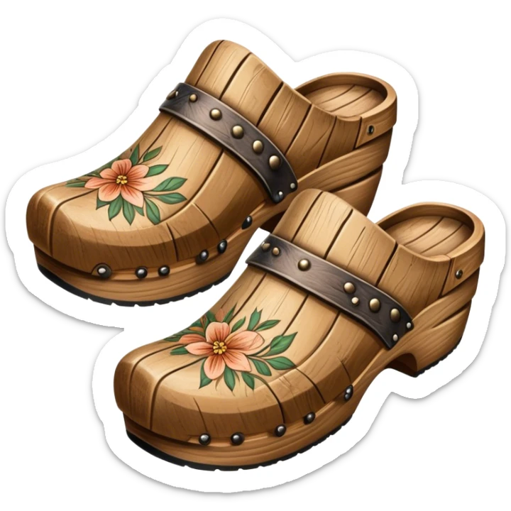 Cinematic Realistic Wooden Clogs Emoji, depicted as a pair of traditionally carved weathered wooden clogs with intricate details and rustic charm, rendered with rich textures and warm natural lighting that captures their cultural heritage. sticker