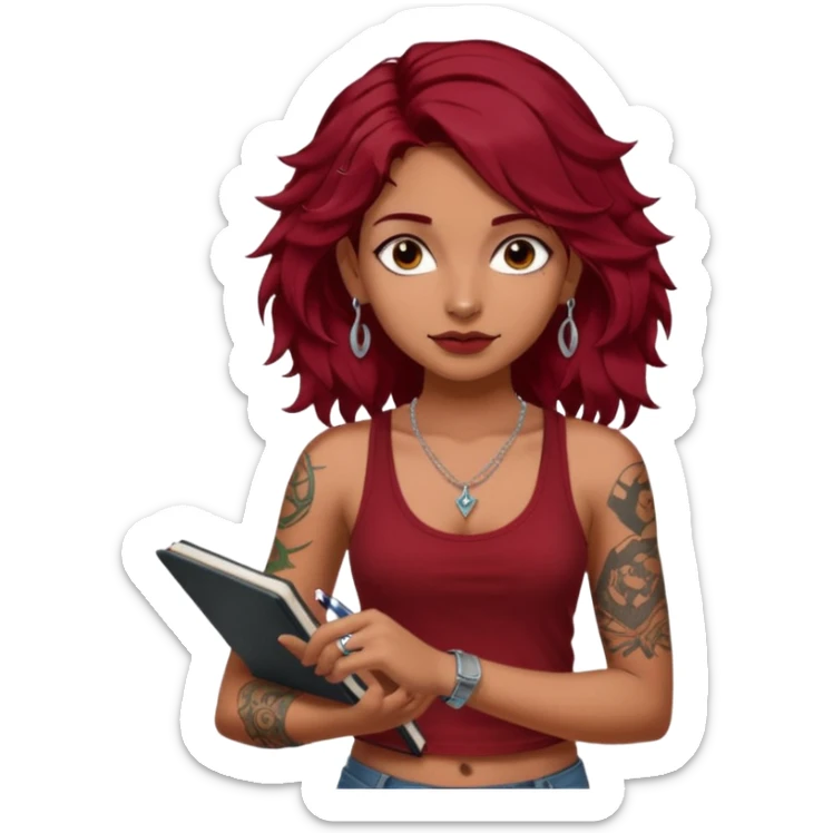 a pretty tan indian bratz girl with messy dark wavyred hair, wearing a dark red tank top, layered silver necklaces. Carrying multiple sketchbooks and pens, tattoos on arm sticker