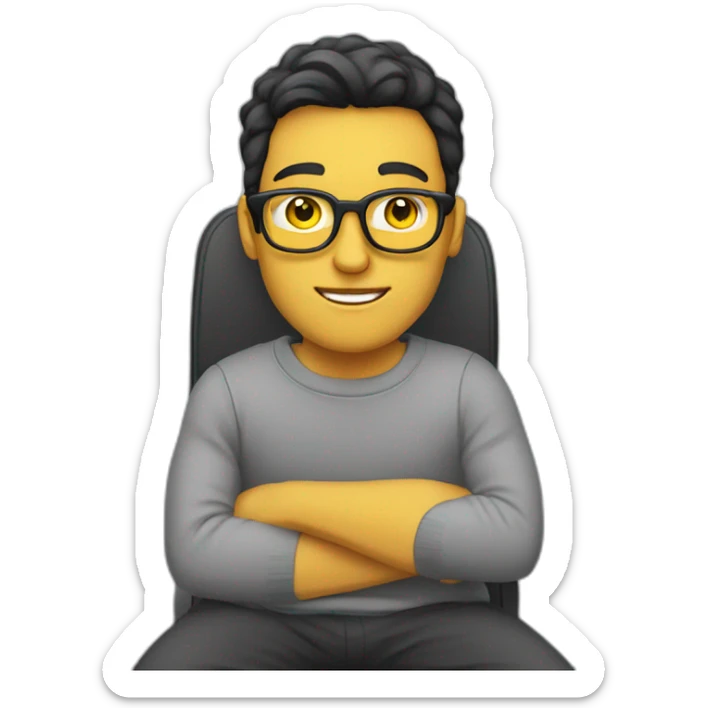 White man with yellow tinted glasses and black hair in a gray jumper and sitting on a chair sticker