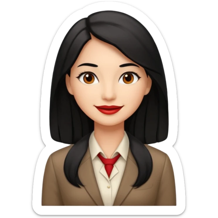 a woman with office outfits and smile, her hair is long black hair, her eyes are soft brown color and the color of her lip is soft red sticker
