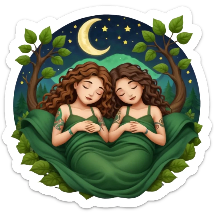 two forest alchemist women — one with long wavy brown hair and tattoos, one with short tight curly brown hair — sleeping back to back under leaf blanket crescent moon above sticker
