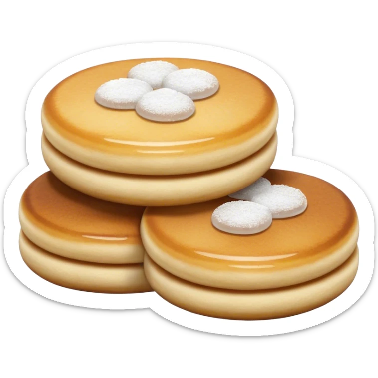 Cinematic Realistic Poffertjes Dessert Emoji, depicted as small, fluffy mini pancakes dusted with powdered sugar rendered with lifelike texture and warm, inviting lighting. sticker