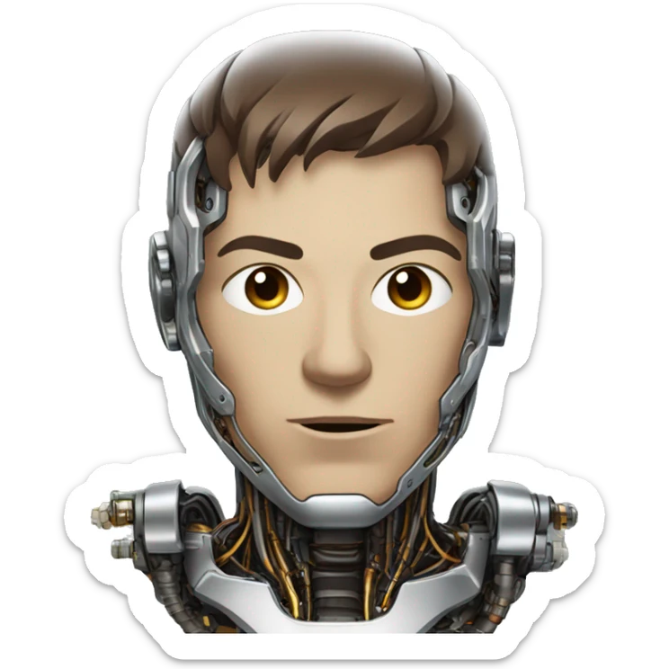Male cyborg head with metallic plated face, short brown hair and circuitry sticker
