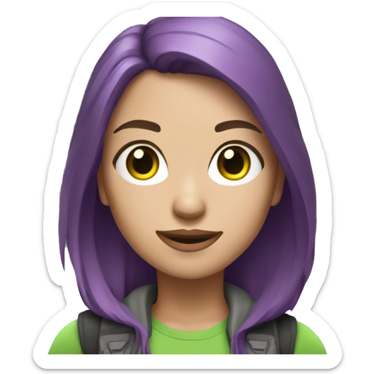 woman gamer with green eyes, brown ash hair with purple inner hightlight hair sticker