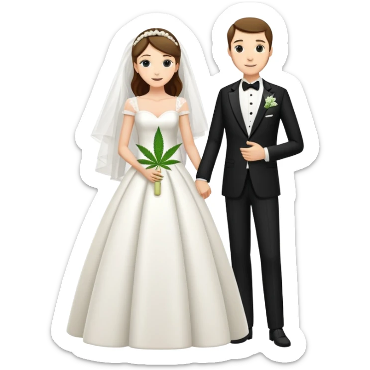 A bride in white wedding dress and groom in tuxedo, full body, sharing cannabis, wedding couple, different pose sticker