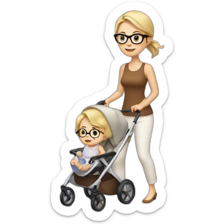 White women with brown hair and glasses pushing buggy with blonde baby sticker