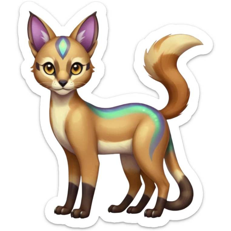 Colorful iridescent Asian painted anime-styled big-eyed shiny glorious divine marked exotic cool beautiful realistic Meloetta-caracal-civet-sergal-oncilla-animal-Fakémon-hybrid-fursona (full body) sticker