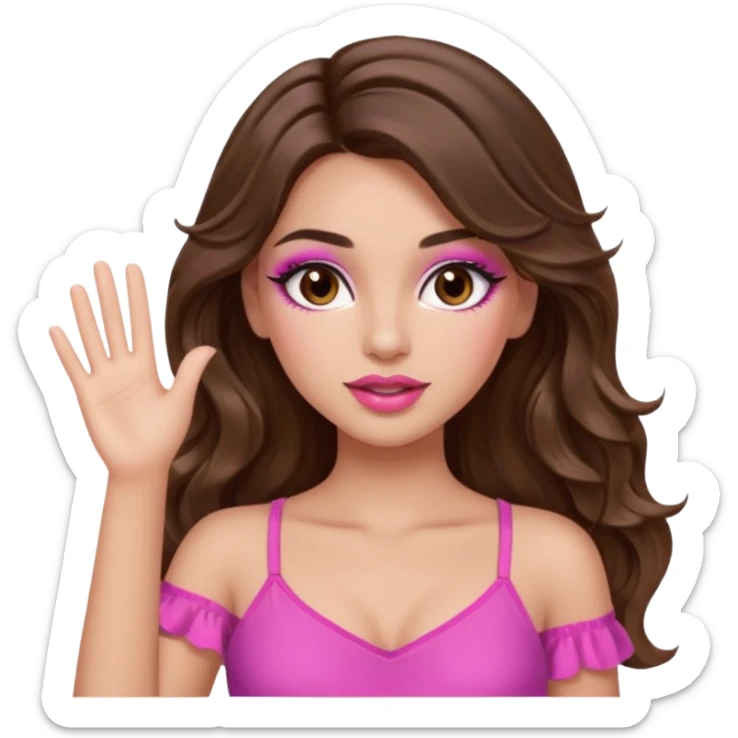 girl with long wavy brown hair, brown eyes, long lashes makeup, sexy pink lips, light to medium complexion, wearing a pink sexy top, one hands in the air high sticker