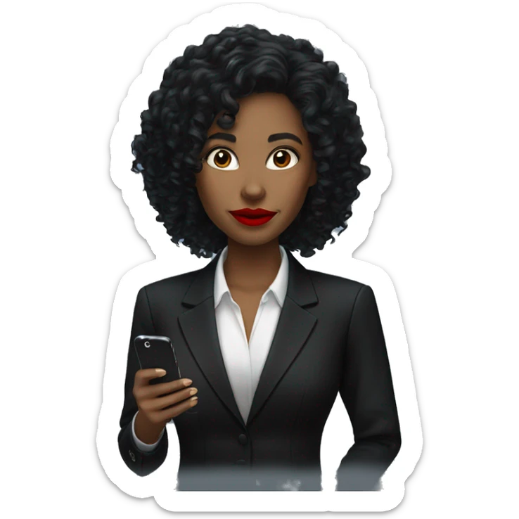 corporate white woman, red lipstick, long black curly hair, with a phone, black shirt, black blazer  sticker