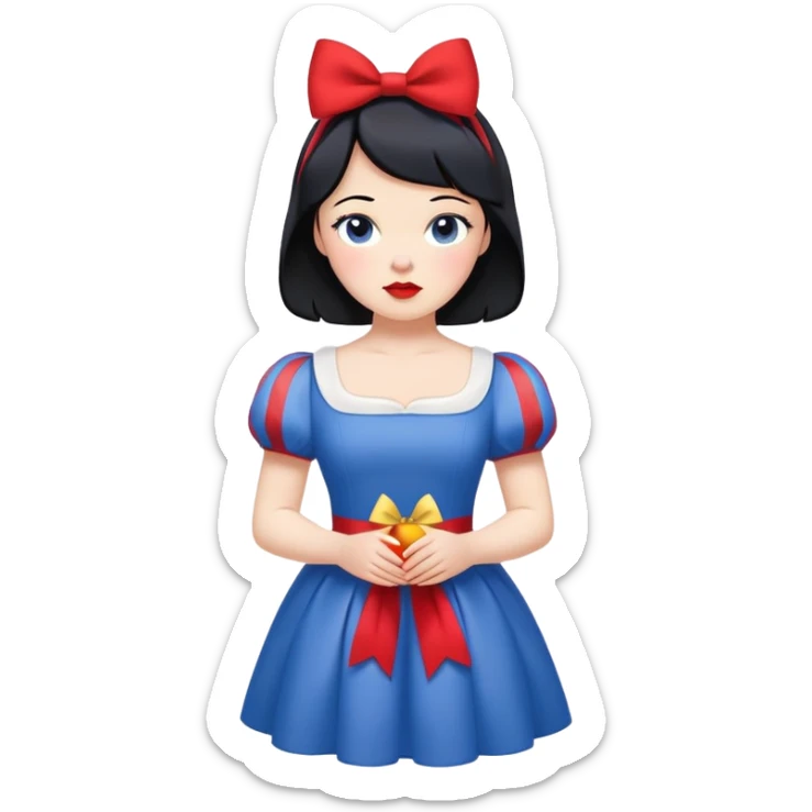 Snow White from hips up, blue and yellow dress, short black hair with red bow, minimal style, larger size sticker