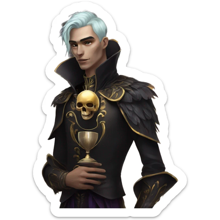 Hamlet young skinny man iridescent hair wearing raven feathers with a gilded hourglass and golden flames holding a skull sticker