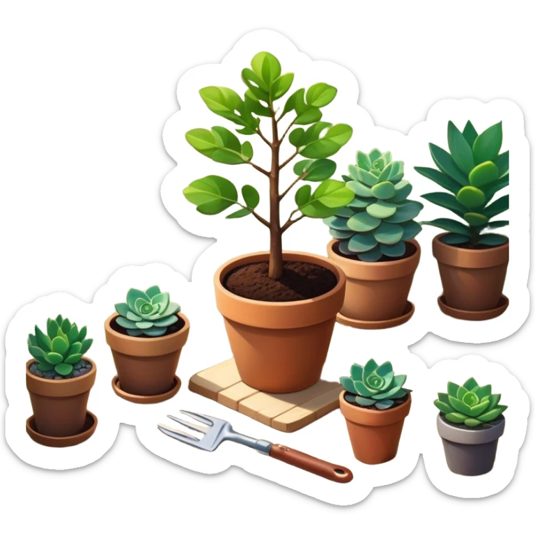 Close-up of a potted sapling in rich soil surrounded by vibrant plants and succulents. Bright sunlight filters through the window, casting soft shadows. Nearby gardening tools rest on a wooden table. Cozy indoor atmosphere with greenery and flowers. sticker