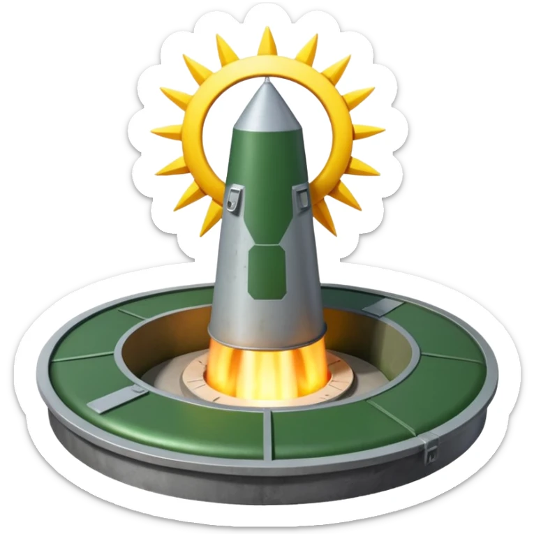 green landscape with sun in top of the background, there is a greynmissile silo hatch open, and the top two thirds of a white nuclear missile launching out of the silo is shown sticker