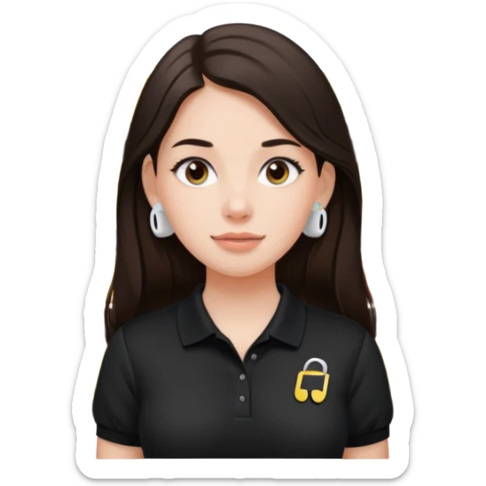 Girl with long dark brown hair with airpods wearing a black wegmans grocery store polo sticker