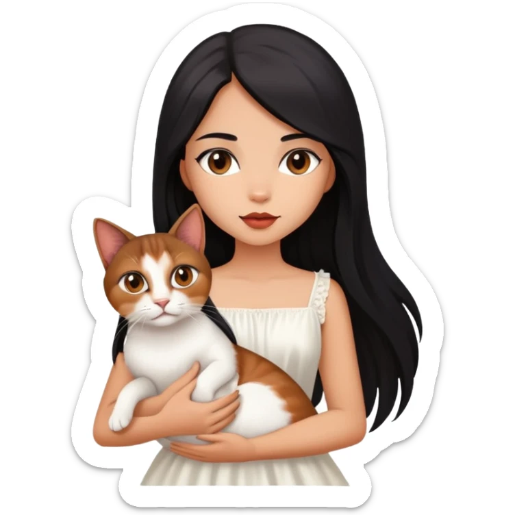 beautiful girl with long black hair wearing a white dress holding an Abyssinian cat with reddish-brown fur in her arms sticker