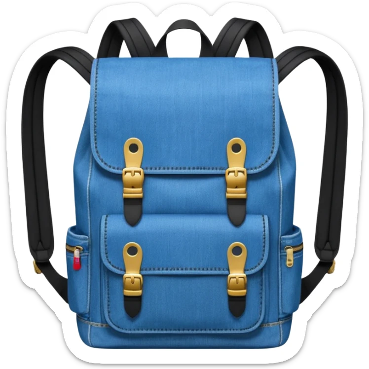Minimalist emoji-style icon of a stylish blue denim backpack with a flap top, two vertical black buckle straps,and two zipper side pockets. Inspired by Tommy Jeans design. 

 sticker