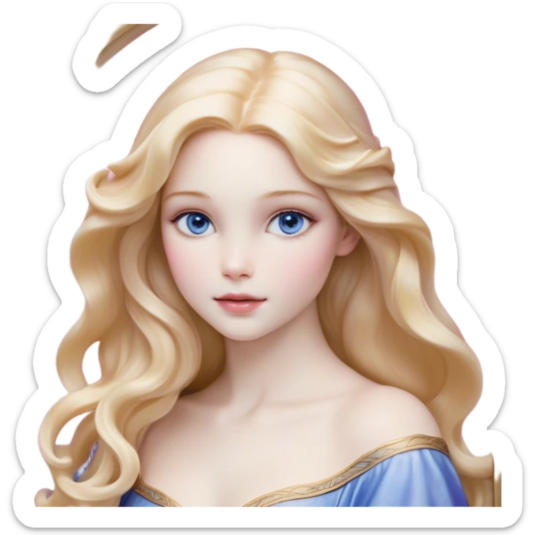Cinematic Realistic Sleeping Beauty (Aurora) Portrait, with porcelain-like skin featuring a natural rosy flush, illuminated by soft lighting that highlights the gentle contours of her face. Her golden blonde hair flows in soft, detailed waves with subtle highlights that shimmer in the light. Her deep violet-blue eyes radiate warmth and innocence, framed by arched brows and long lashes. With a soft, serene smile, she holds a delicate rose gently in one hand, her other hand resting lightly by her side. She is dressed in her classic pink gown, the fabric rich in texture with delicate folds that catch the light. A golden crown rests atop her head, gleaming with royal refinement. The portrait captures a soft, glowing aura, blending realism with an ethereal sense of beauty and timeless enchantment. sticker