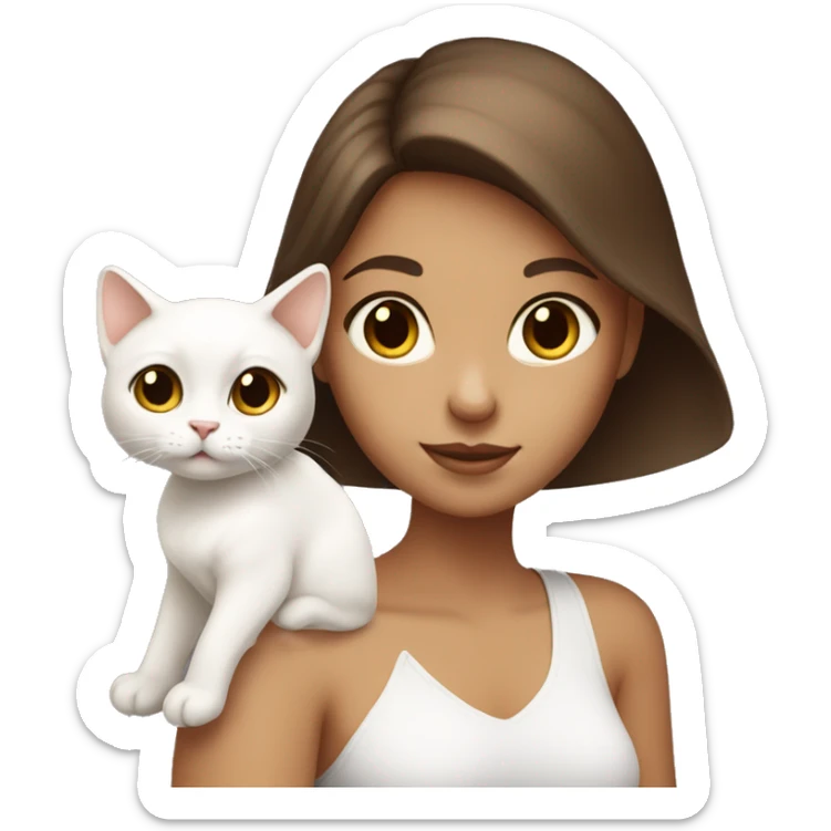 White tanned girl with brown hair holding a White cat  sticker