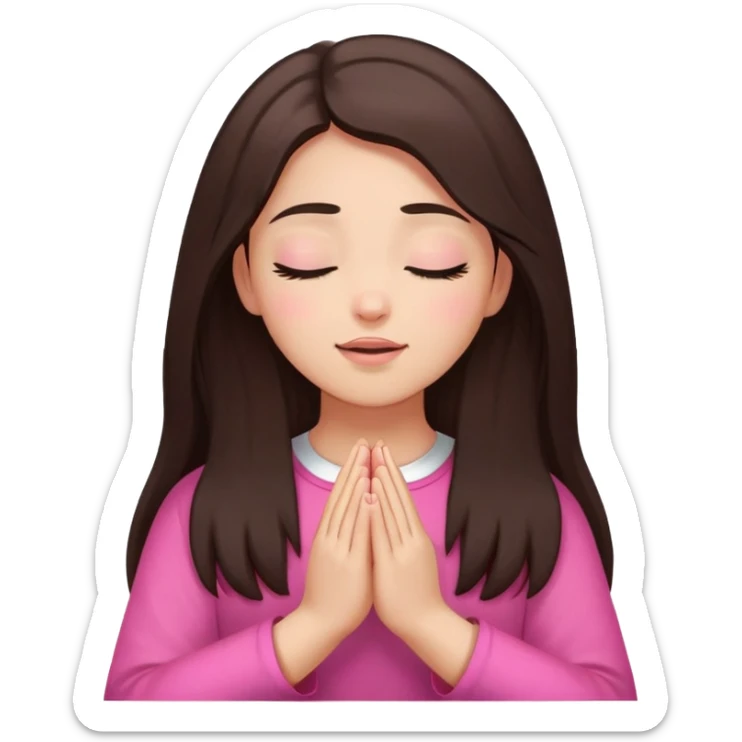 Girl long dark brown hair light medium skin worship God hands lifted eyes closed  pink sticker