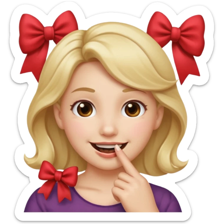 Emoji qui sourire avec le doigt dans la bouche et un noeud dans les cheveux sticker