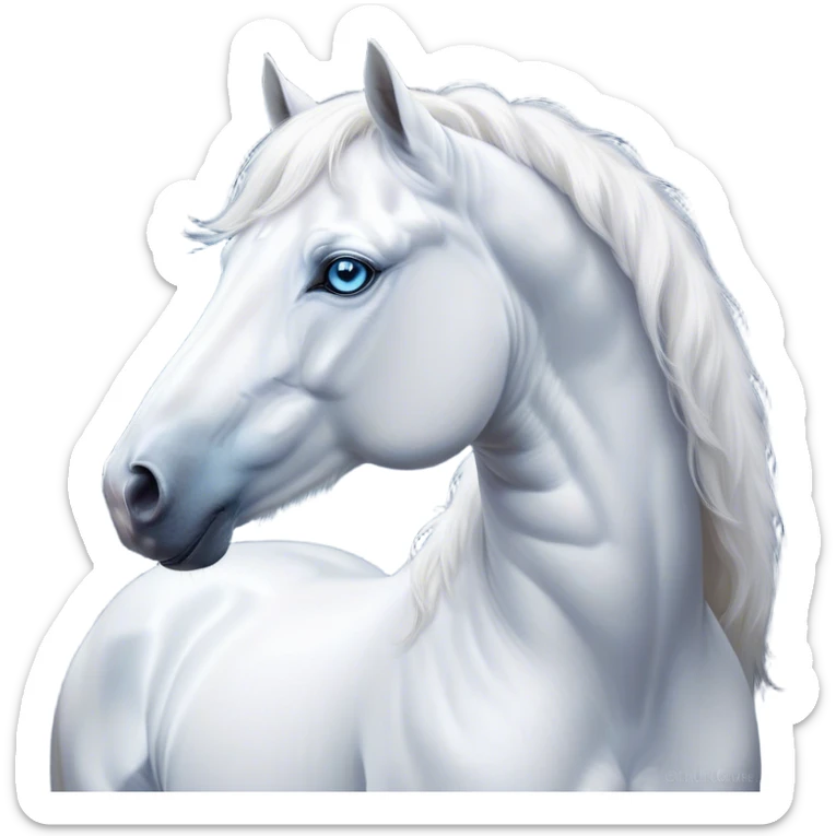 Cinematic Noble White Horse Portrait Emoji, Poised and regal, with a strong, athletic build and a pristine, well-groomed pure white fur, deep-set soulful blue eyes, Simplified yet sharp and sophisticated features, highly detailed, glowing with a soft, dignified glow, high shine, intelligent and majestic, stylized with an air of ethereal grace, focused and attentive, soft glowing outline, capturing the essence of a watchful and confident steed, so majestic it feels as though it could gallop out of the screen with effortless authority! sticker