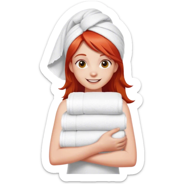 cheerful teenager with red hair carrying a stack of towels in her arms sticker