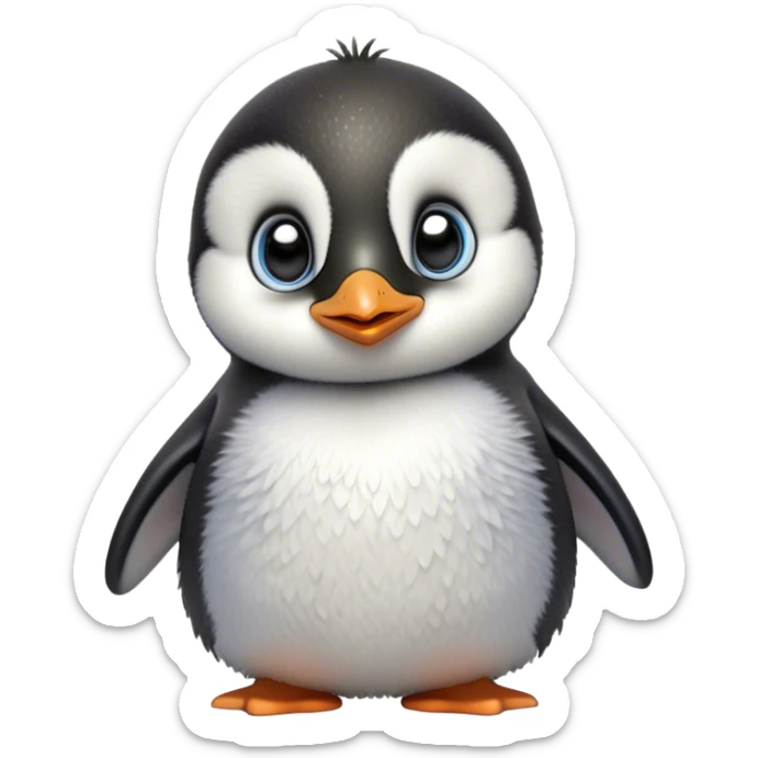 Cinematic Cute Baby Penguin Portrait Emoji, Head tilted playfully and inquisitively, with irresistibly fluffy plumage accented by a tiny beak and round, sparkling eyes filled with wonder, Simplified yet irresistibly adorable features, highly detailed, glowing with a warm, friendly polar glow, high shine, affectionate and lively, stylized with a touch of whimsical charm, bright and endearing, soft glowing outline, capturing the essence of a mischievous yet loving penguin that feels like it could slide out of the screen into your arms! sticker