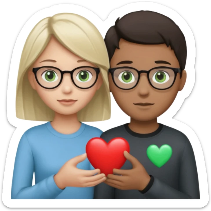 la chica es piel morena clara con pelo oscuro con ojos cafes sin lentes la ropa negra, el chico es de test blanca con gafas y pelo rubio ojos verdes y la ropa de color gris y el corazon que sostienen debe ser azul claro sticker