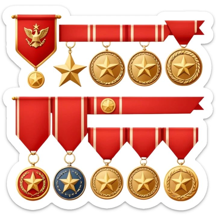 Icon for Collecting Orders, Medals & Badges: a variety of vintage orders, medals and badges, displayed neatly on a big red pennant. The icon should reflect the honor and historical significance of these collectible items. Transparent background. sticker