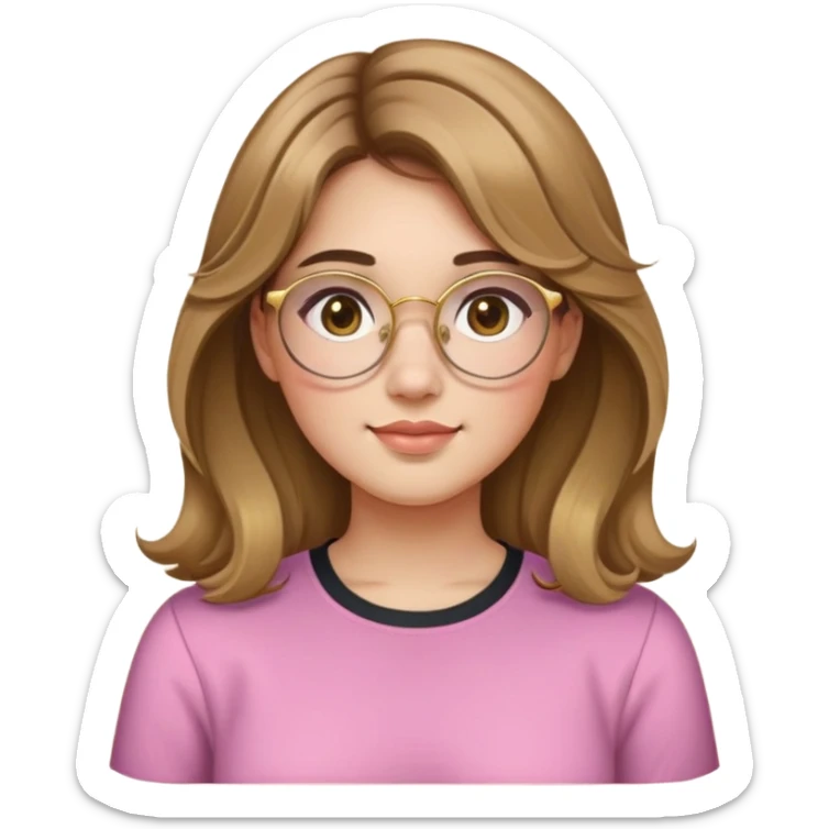 young adult woman with light skin, round face, prominent cheeks, medium plump body, long light brown hair with golden highlights, voluminous and wavy, long bangs over eyebrows, large octagonal glasses with thin golden or light pink frame, casual dark shirt sticker