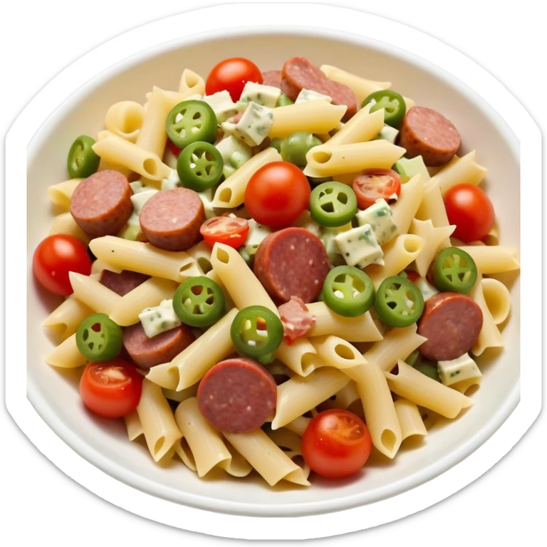 Pasta salad with chopped sausage, chopped gherkins, chopped cocktail tomatoes and mayonnaise  sticker