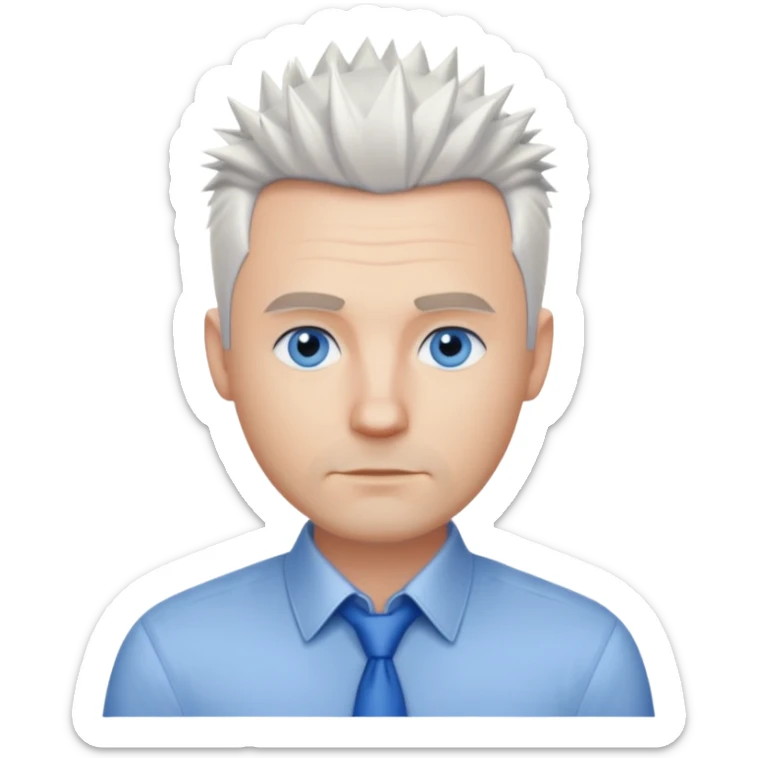40 yr old white man short white spike hair dress shirt blue eyes no smile sticker