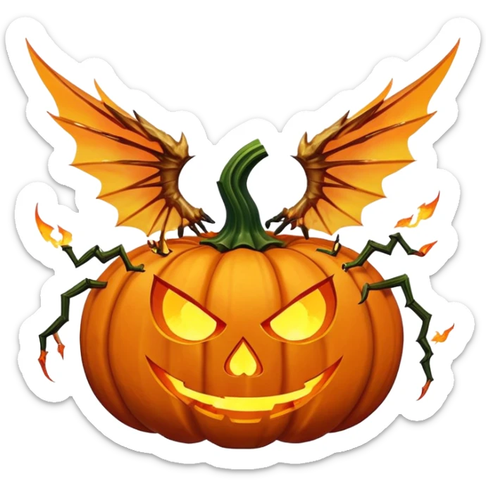 a scary flying winged pumpkin with poisonous shards with claws and a dangerous face, emiting fire from its ears and hands sticker