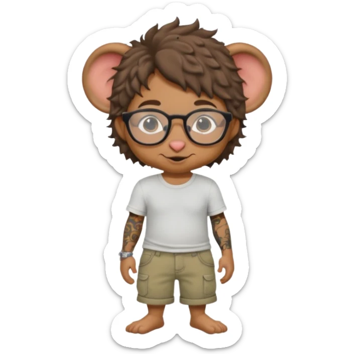 Rat with curly hair and glasses and tattoos and khaki shorts  sticker