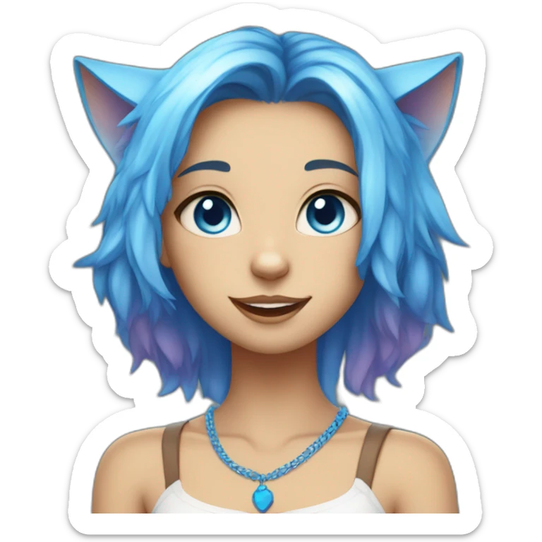 Tan skinned cat girl with blue hair, cat ears, white top, blue necklace and blue eyes sticker