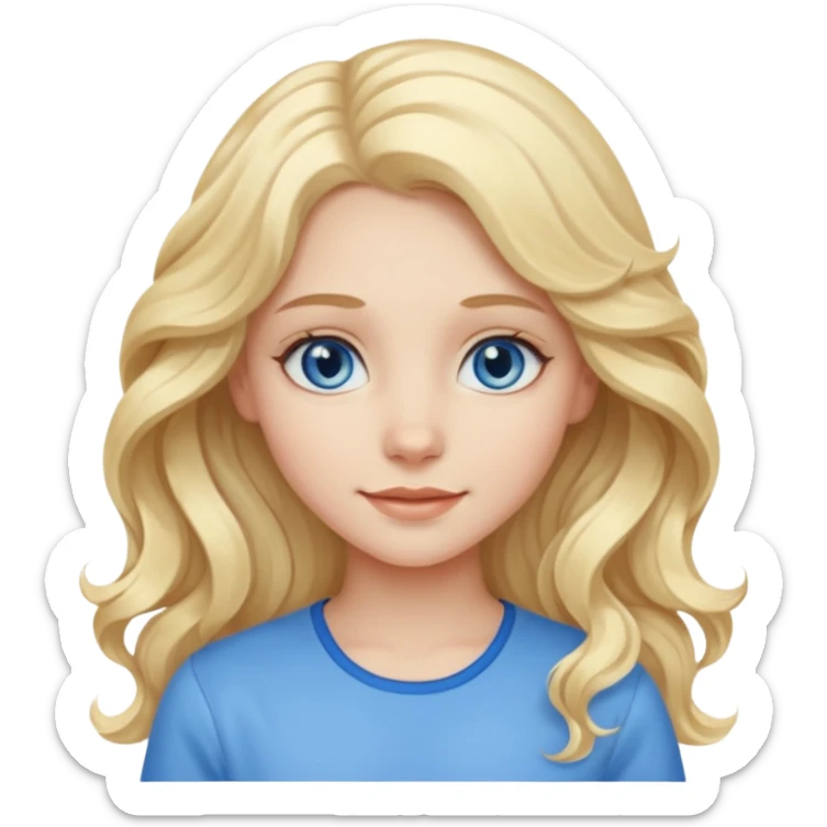 A pale girl with blue eyes and long and blonde , wavy hair , smiling  sticker
