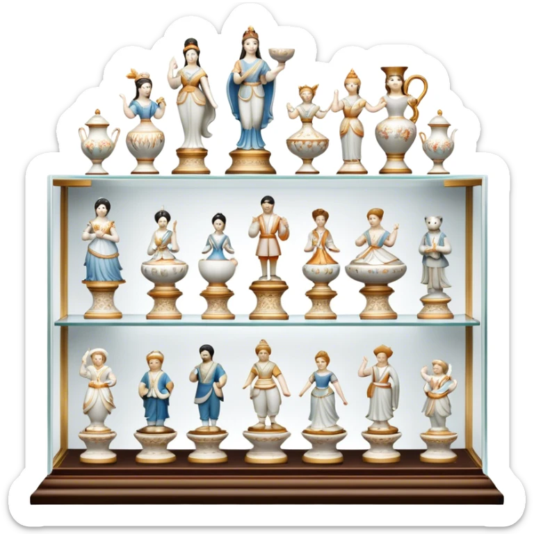 Icon for Porcelain Figurine Collecting: a collection of delicate porcelain figurines, such as animals, dancers, and historical characters, displayed on a shelf or in a display case. The icon should convey the elegance and artistry of collecting porcelain statues. Transparent background. sticker
