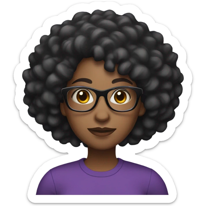 a black woman with black curly hair with glasses and a purple shirt sticker
