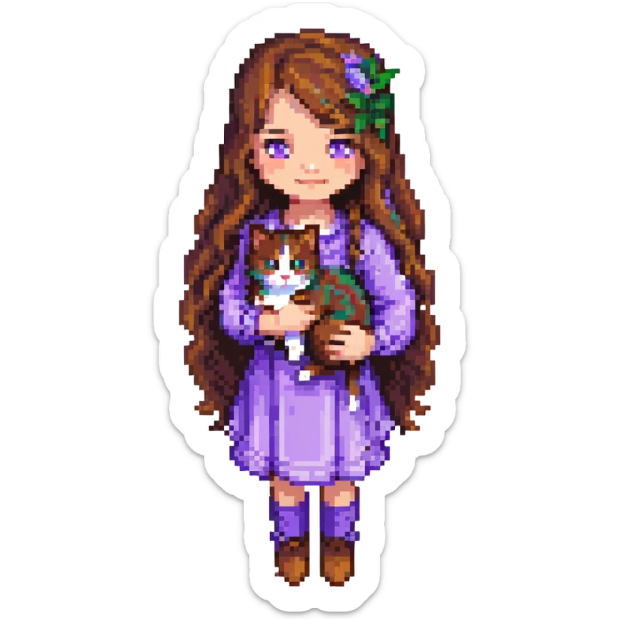 Add a park background to the scene with a girl with long, wavy brown hair, brown eyes, purple clothes, holding a three-color cat in pixel art style. sticker
