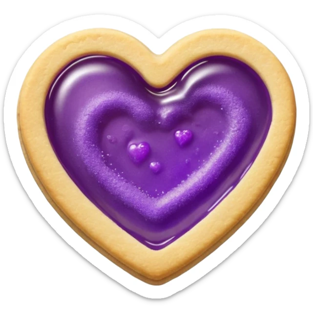 Realistic shortbread cookie in the shape of a heart with violet jelly middle filling and sprinkled powder sugar on top. sticker